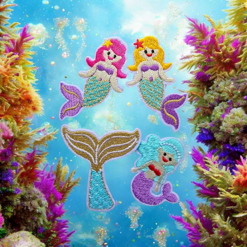 Set Of 4 Mermaid‎ Fish Tank Iron-On Patches - Pink, Yellow, Blue
